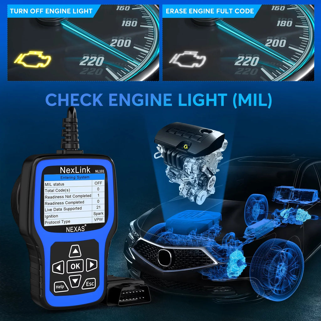 Battery NEXAS Scanner OBDII Codes Reader Scanner OBD2 Diagnostic Check Engine NL101 Functions Car Engine Tester Read Scanner Auto Tool Light Car Clear Check Full OBDII Code Automotive