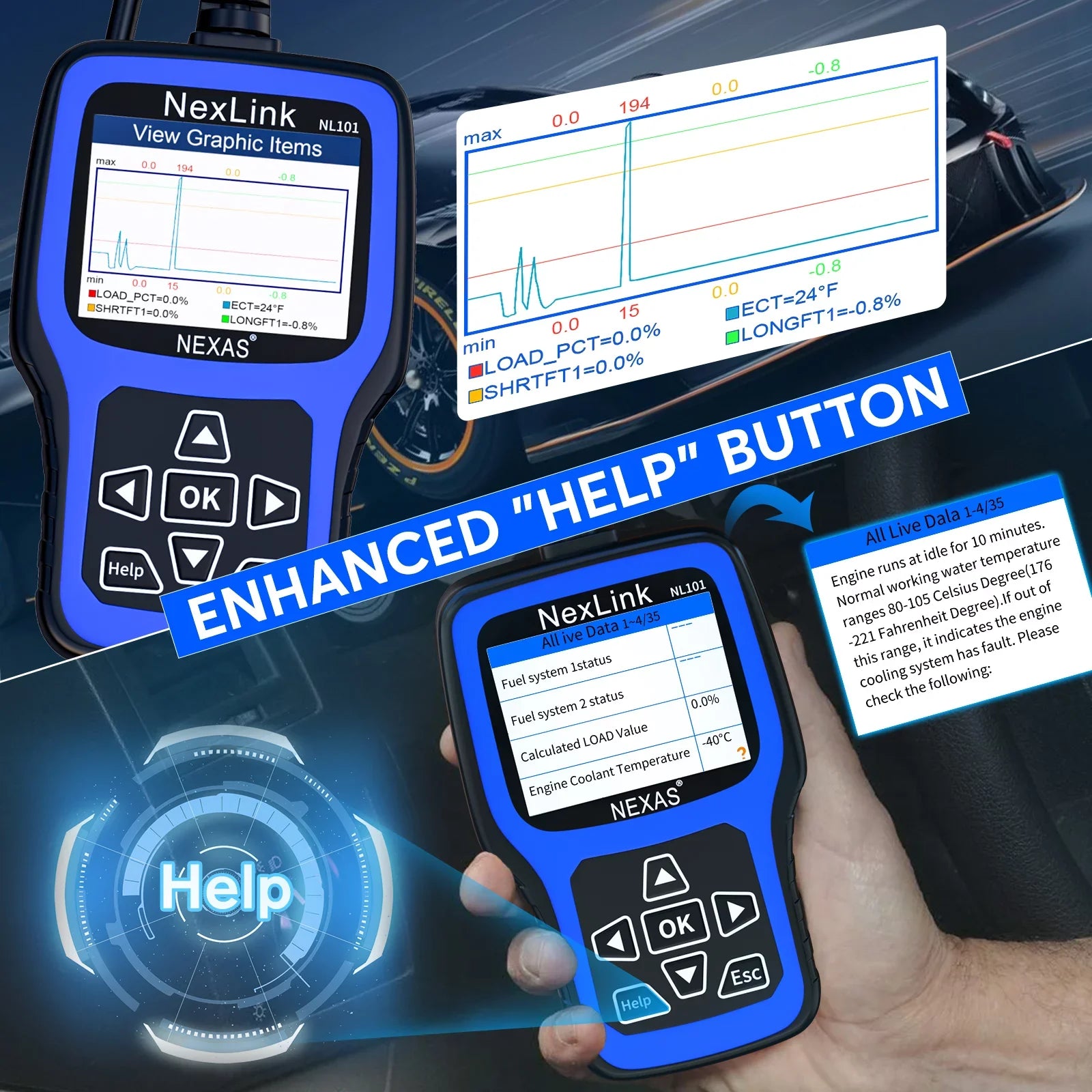 Battery NEXAS Scanner OBDII Codes Reader Scanner OBD2 Diagnostic Check Engine NL101 Functions Car Engine Tester Read Scanner Auto Tool Light Car Clear Check Full OBDII Code Automotive