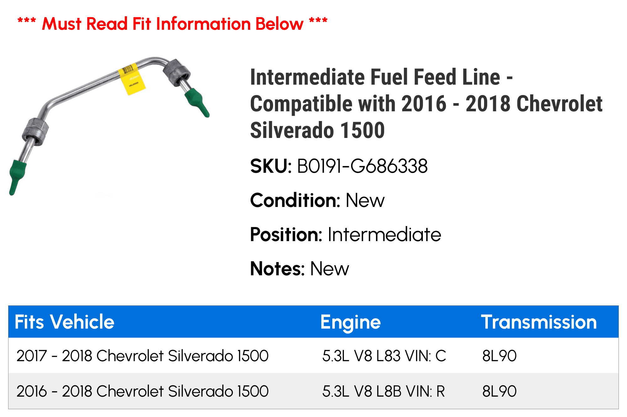 Intermediate Line with Chevy Feed 2016 2018 Silverado Fuel - Compatible - 2017 1500