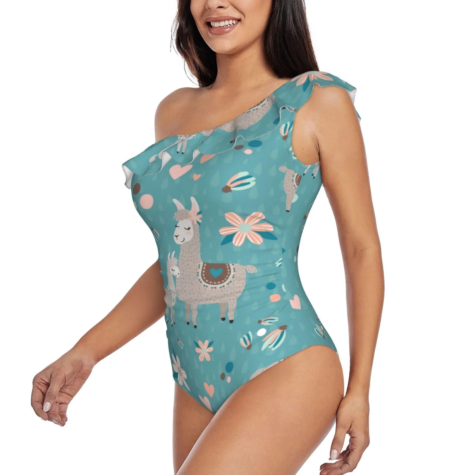 Small Monokinis - Llama Suits Piece One Swimsuits Coaee Women's Mama Teal Asymmetric Bathing Swimwear One Shoulder Ruffle