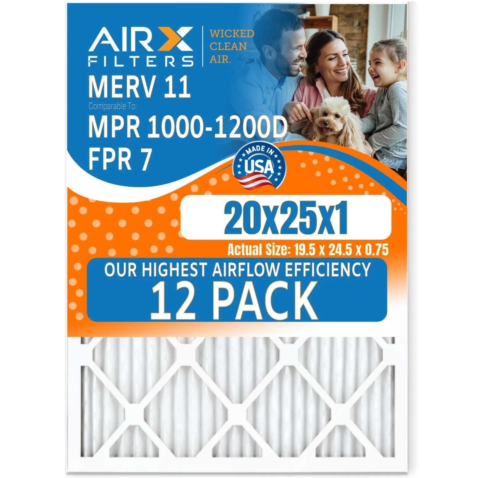 MPR 7, High 12 MERV FPR Furnace Filter 1200, MPR AIRX by USA Pack in Efficiency WICKED Comparable to 12 1000, Air Furnace AIR. CLEAN Filters Pack of Rating, Filters 11 Made of 20x25x1 FILTERS