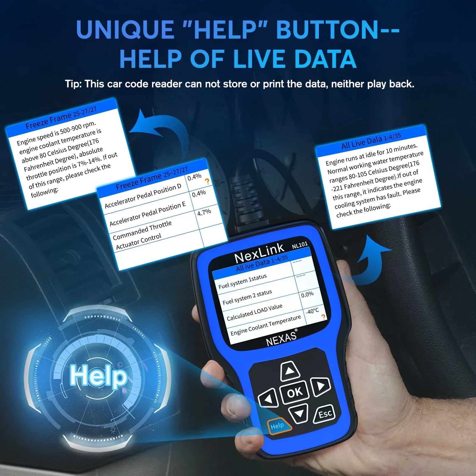Battery NEXAS Scanner OBDII Codes Reader Scanner OBD2 Diagnostic Check Engine NL101 Functions Car Engine Tester Read Scanner Auto Tool Light Car Clear Check Full OBDII Code Automotive