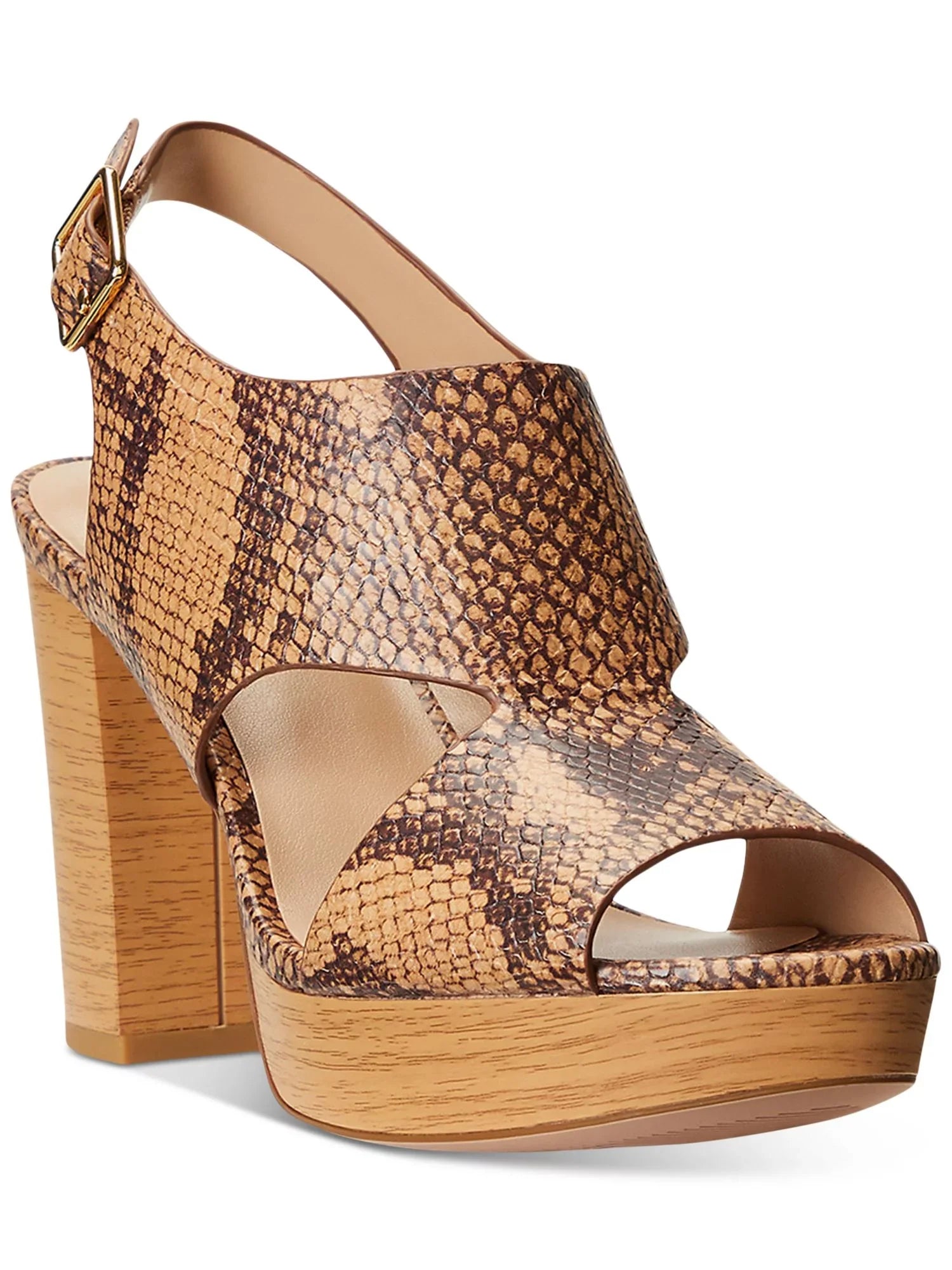 LAUREN Buckle 8.5 Snake Leather Beige 1" Toe Out Block Feona Sandal Slingback outfit Round LAUREN Platform RALPH Womens Heel Cut