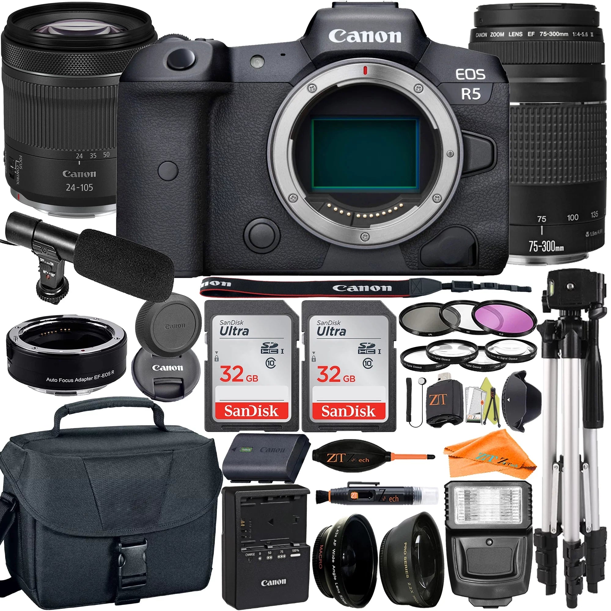 Lens EOS 75-300mm Mirrorless Mount 2 R5 + SanDisk + Accessory Pack Canon Camera ZeeTech + + Adapter with RF24-105mm 32GB