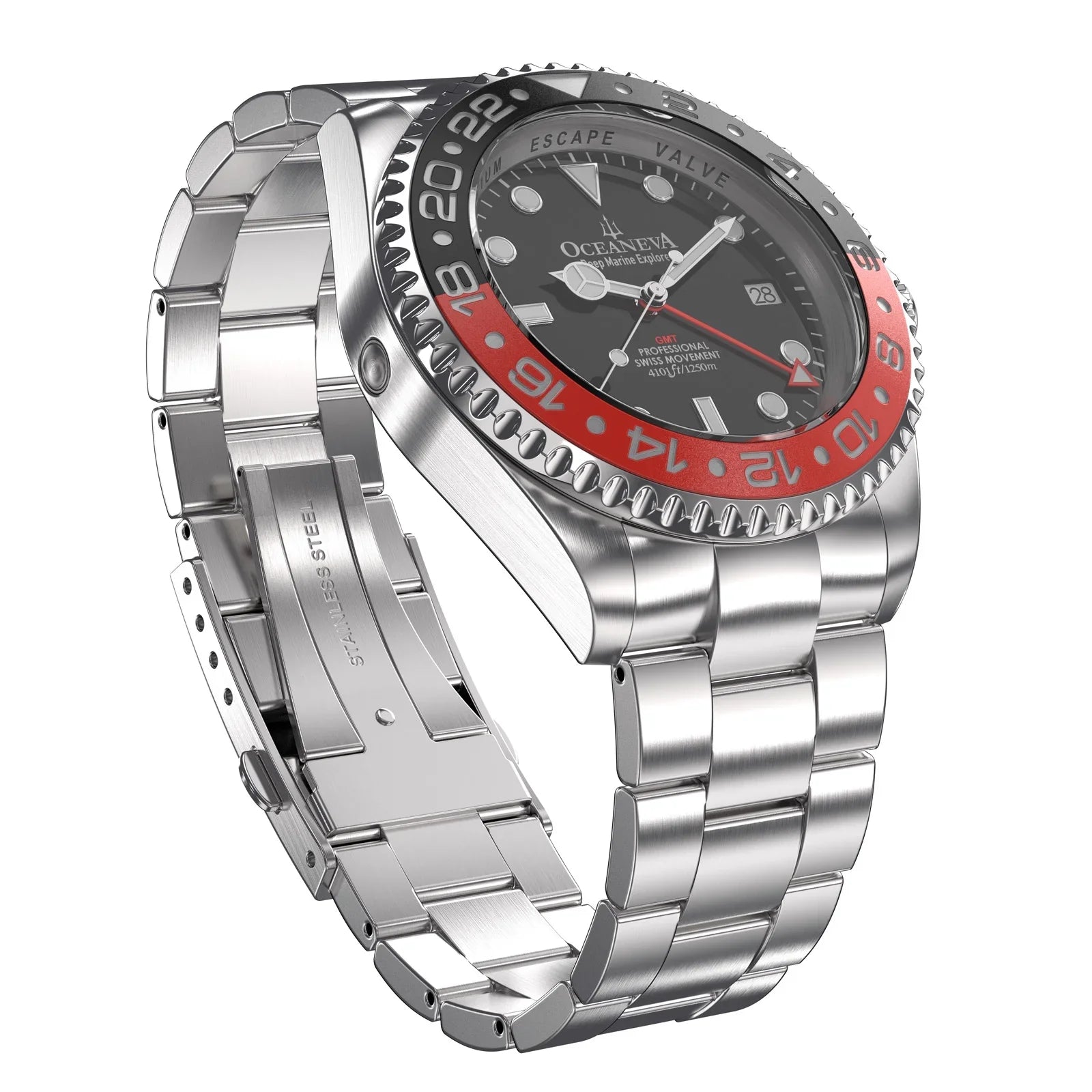 Stainless Diver Black- Men's Oceaneva™ Explorer Marine Steel Bracelet Red and Quartz, Pro 1250M Swiss Movement Watch GMT Deep