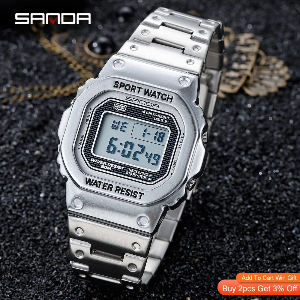 Digital - Watches Relogio Men's Wristwatch Men Masculino 5atm Luxury Led Casual Top Watch Digital Steel Sanda Clock Brand 390 Waterproof Wristwatches