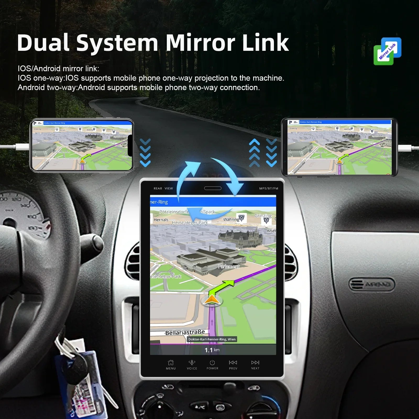 Rear Car Stereo 9.5Vertical Camera GPS Radio FM screen 2Din WIFI Receiver Suppport Bluetooth Radio