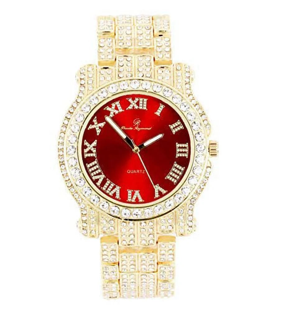 '- Gold Out w/Bling-ed Red ZZ Gold Blood Design Link Bling-ed Watch Luxury Mens Bracelet Round L0504RNB Out ZZ