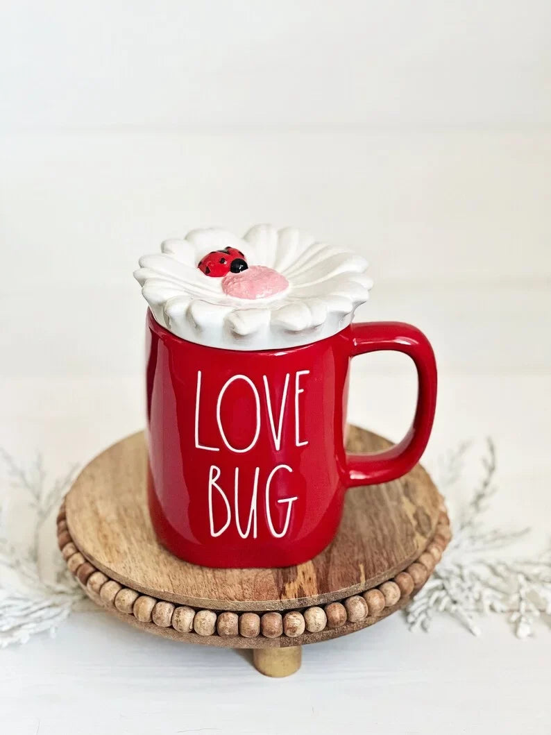 LL Black Bug Love Red Magenta White Mug Letters Rae and Ladybug Ceramic Valentine's Red with Dunn Day Top by