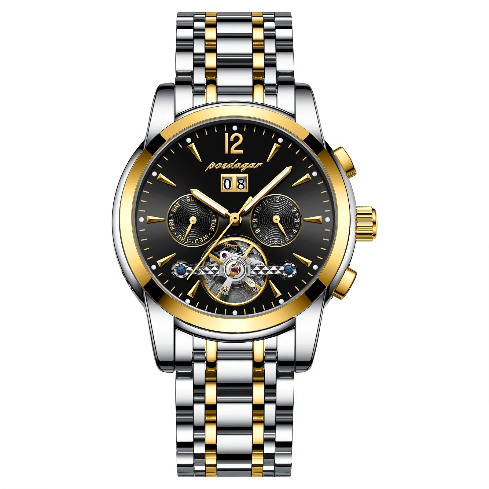 Stainless Waterproof POEDAGAR Steel Tourbillon Date&Week Wristwatch Relogio Men Mechanical Watch Automatic Luxury Masculino+box
