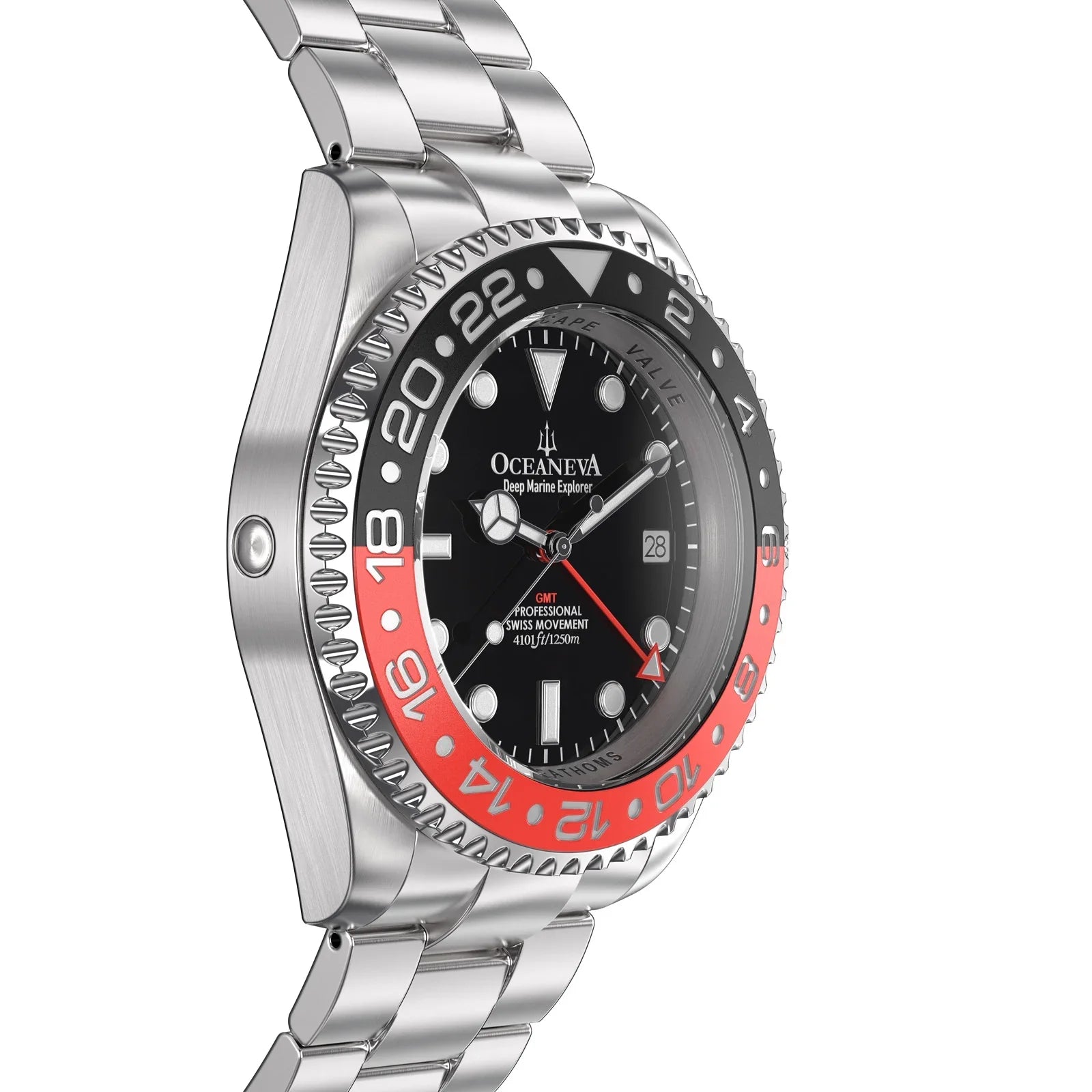 Stainless Diver Black- Men's Oceaneva™ Explorer Marine Steel Bracelet Red and Quartz, Pro 1250M Swiss Movement Watch GMT Deep