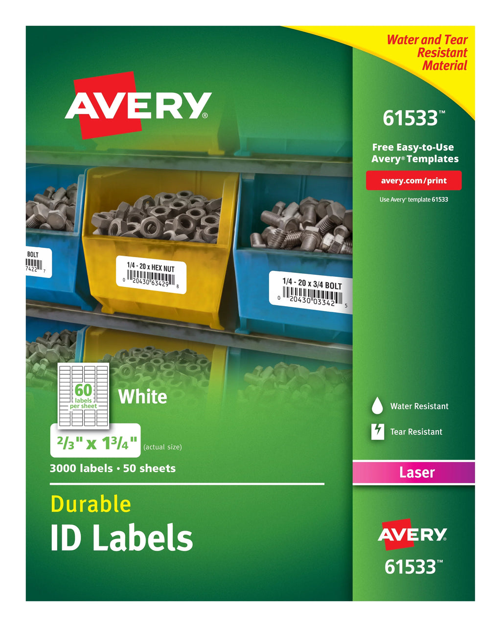Permanent 3,000 1-3/4", Adhesive, x (61533) Labels ID Avery 2/3" TrueBlock Durable Labels, Technology,