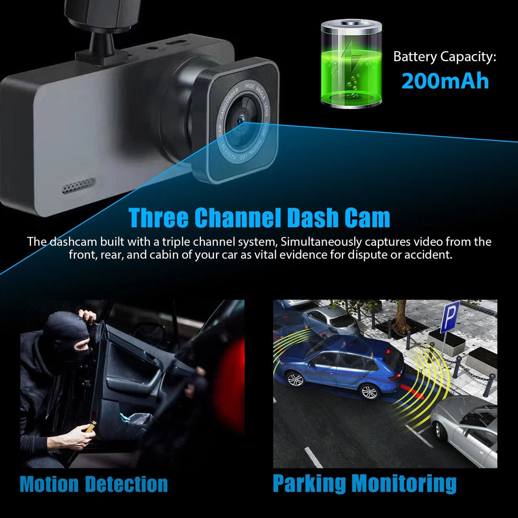 Video G-Sensor Inside DVR Dash Camera Car Cam Recorder 3 Front Lens 1080P Rear