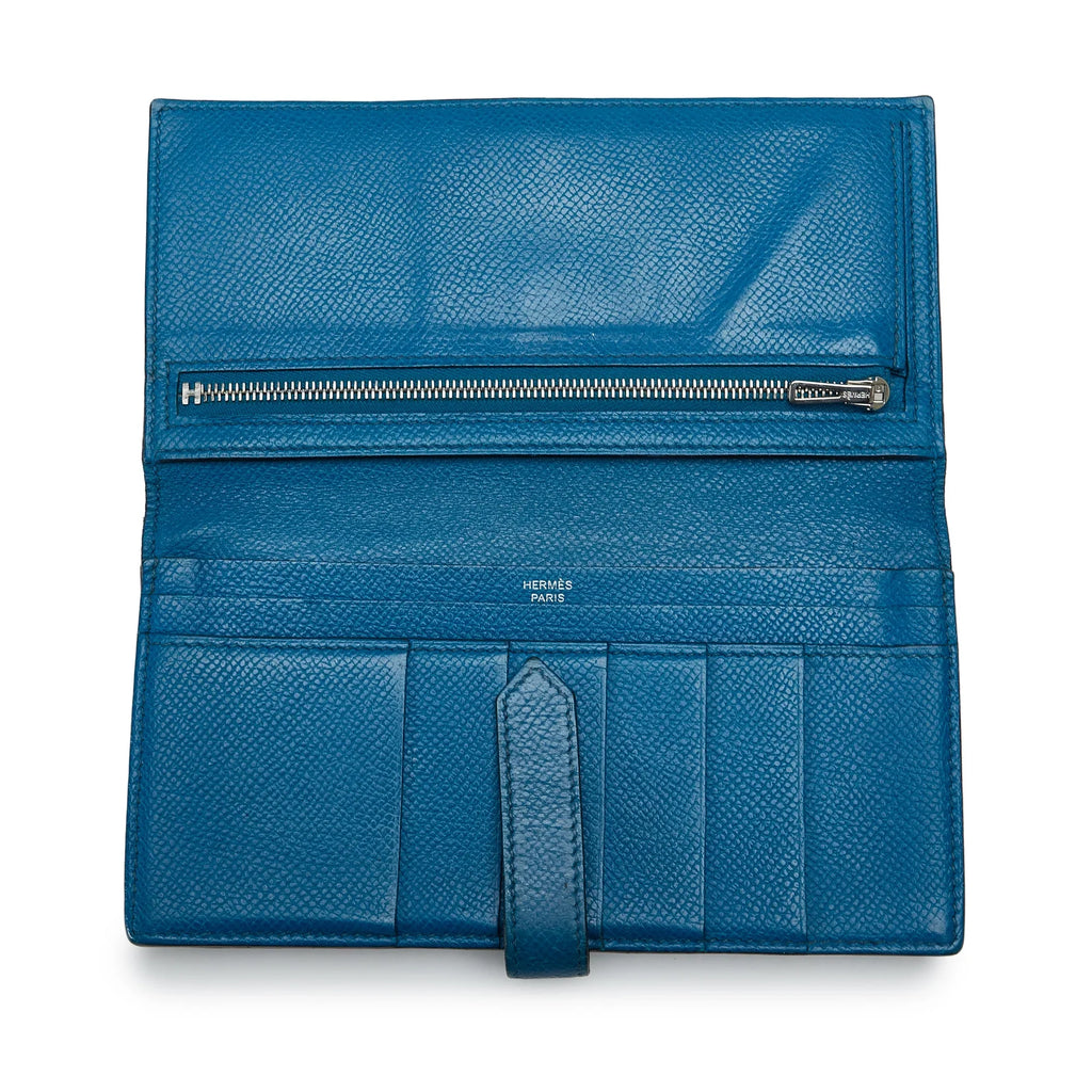 Unisex Hermès Wallets Epsom Calf Blue Authenticated Bearn Leather Long Wallet (Fair) Pre-Owned