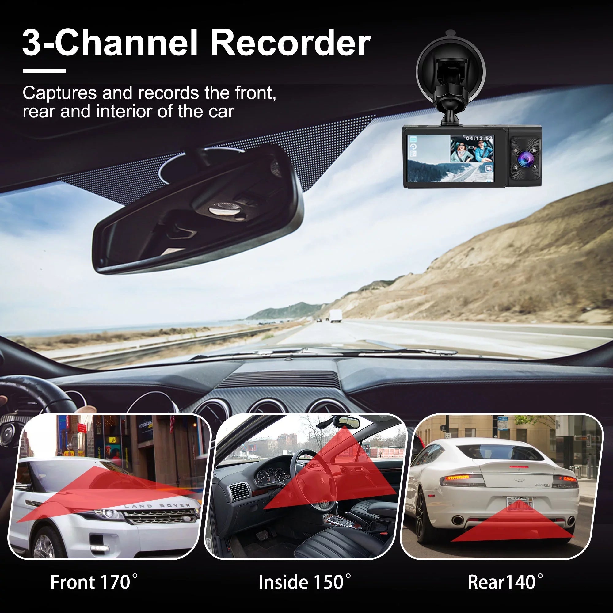 G-Sensor Channel and Camera Vision, TSV Night Camera, Dash with 3 Rear, Backup Car Front 1080P Cam Cam DVR Dual Dash