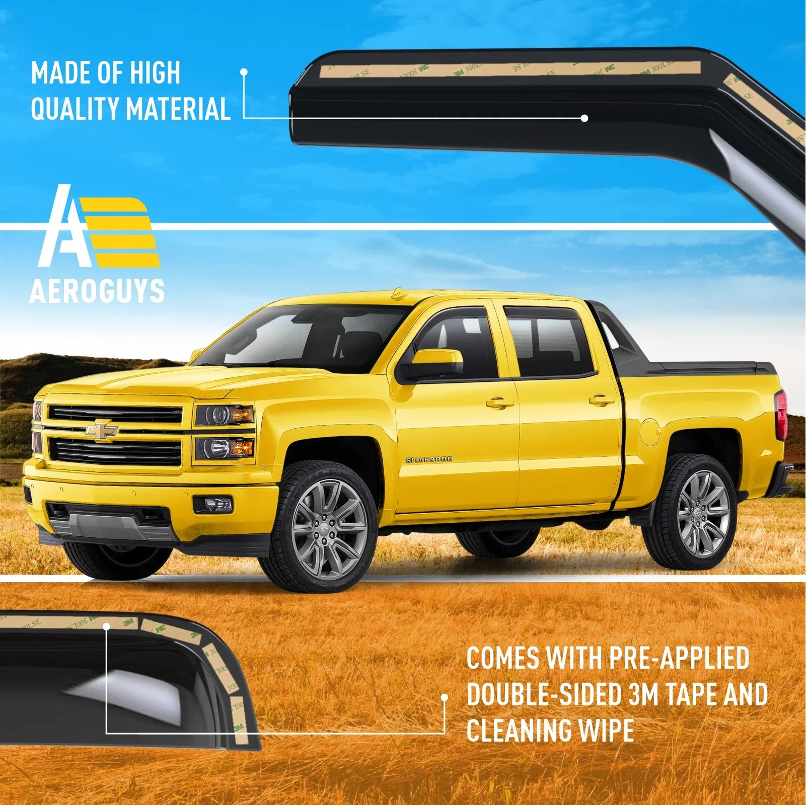 Extra 1500 AG0421 Rain Guards Fit Visors, Window (Chevy) 2014-2018 Sun Visors, Window Crew Deflectors Chevrolet for -4pcs. In-Channel Vent Accessories Cab, AEROGUYS Wind Silverado Durable Truck Visors
