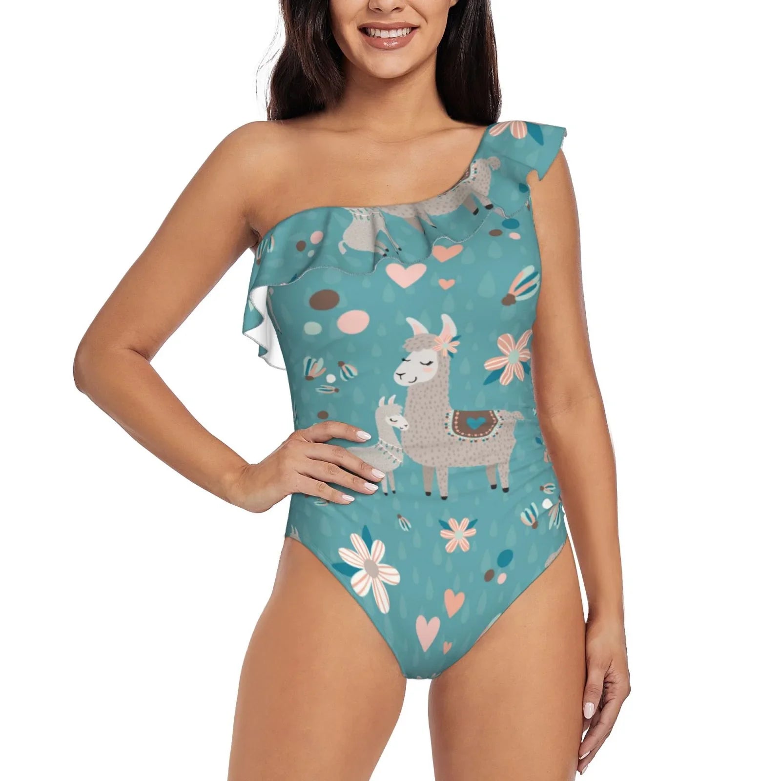 Small Monokinis - Llama Suits Piece One Swimsuits Coaee Women's Mama Teal Asymmetric Bathing Swimwear One Shoulder Ruffle