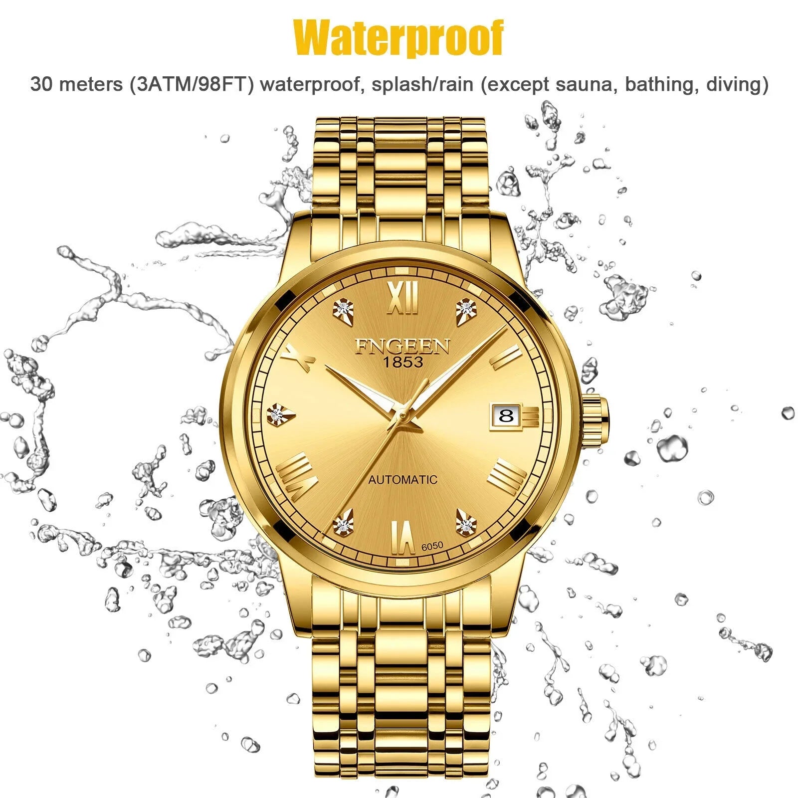 Stainless Tone Automatic Steel Watch Gold Wrist Men Waterproof Mechanical Luxury