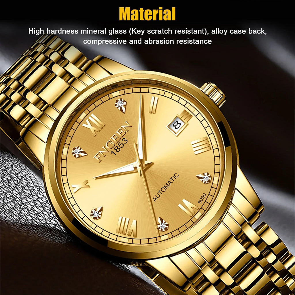 Stainless Tone Automatic Steel Watch Gold Wrist Men Waterproof Mechanical Luxury