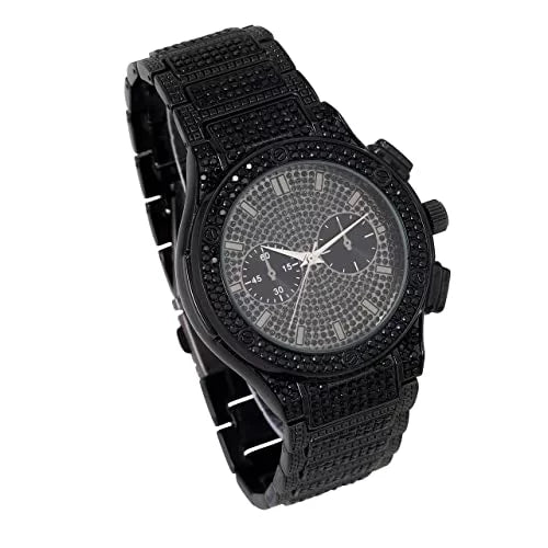 Iced - Big Cuban Hip Timepiece Watch Inspired Bling Faux Black Mens - Metal Blast Hop Rhinestones by - Eyes - Bracelet Diamond on w/Miami Out Chrono Cuban