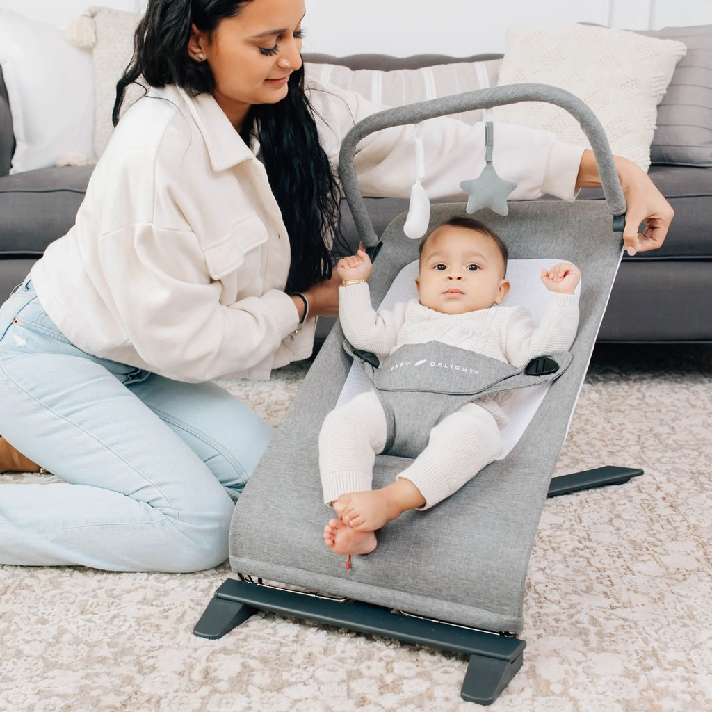 Baby Deluxe Portable Tweed Months, Baby Charcoal Delight 0-6 Infants Bouncer, for Alpine