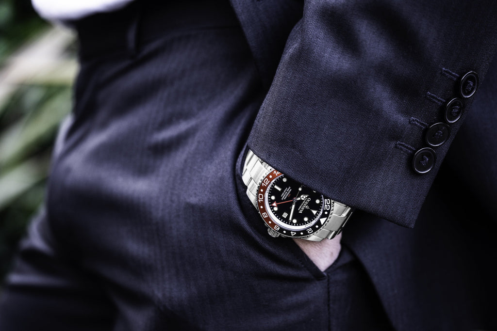 Stainless Diver Black- Men's Oceaneva™ Explorer Marine Steel Bracelet Red and Quartz, Pro 1250M Swiss Movement Watch GMT Deep