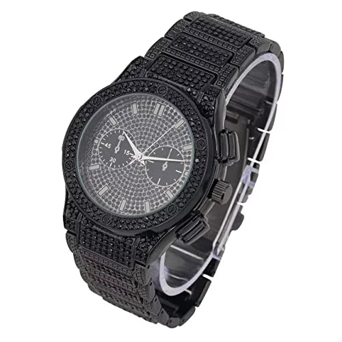 Iced - Big Cuban Hip Timepiece Watch Inspired Bling Faux Black Mens - Metal Blast Hop Rhinestones by - Eyes - Bracelet Diamond on w/Miami Out Chrono Cuban