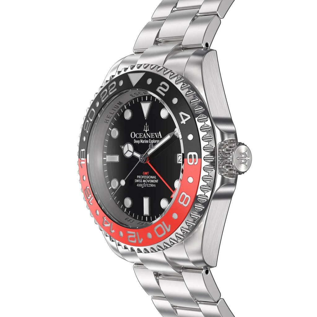 Stainless Diver Black- Men's Oceaneva™ Explorer Marine Steel Bracelet Red and Quartz, Pro 1250M Swiss Movement Watch GMT Deep