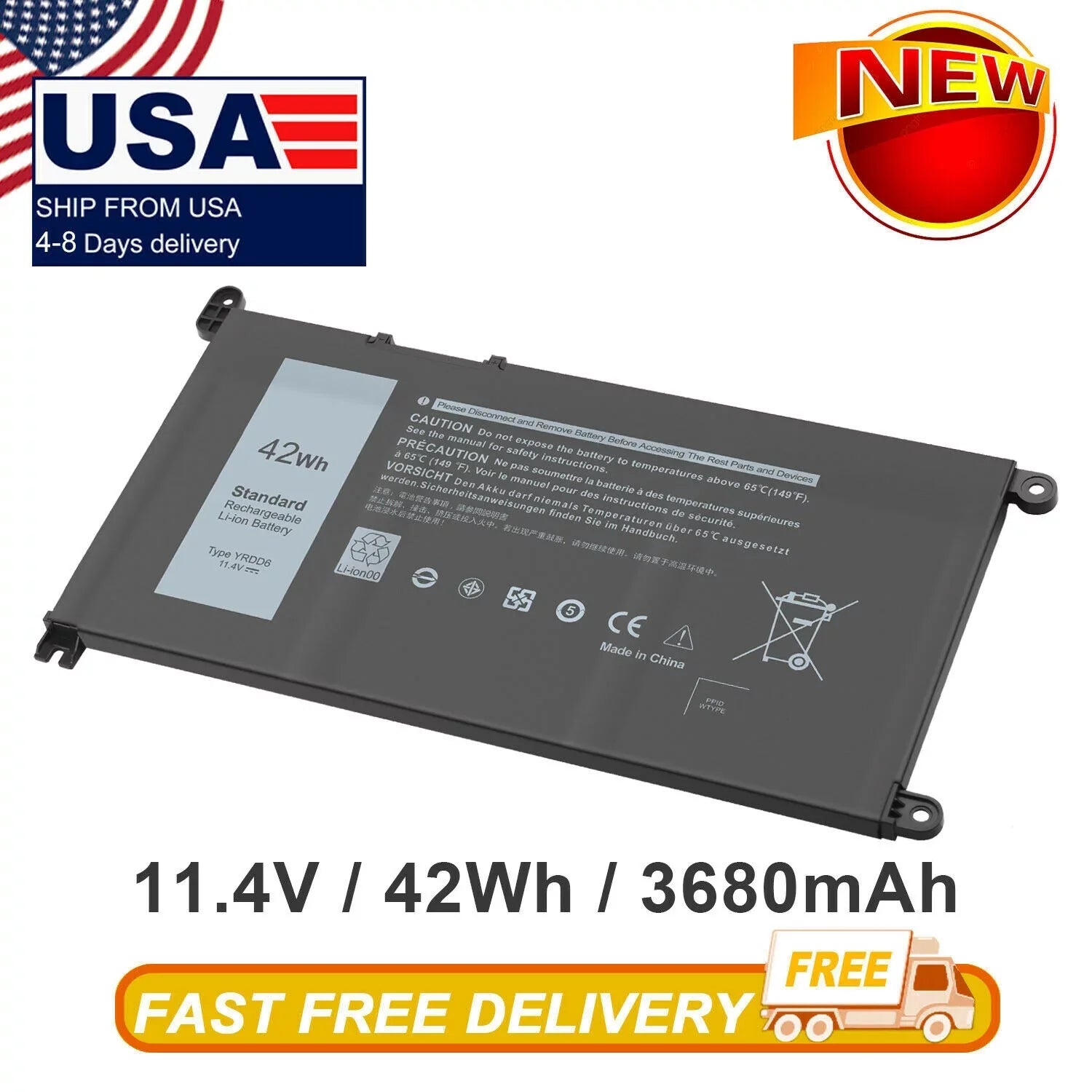 FAST 3593 15 YRDD6 3493 for Inspiron 5485 5480 USPS 5491 Battery 3584 42Wh