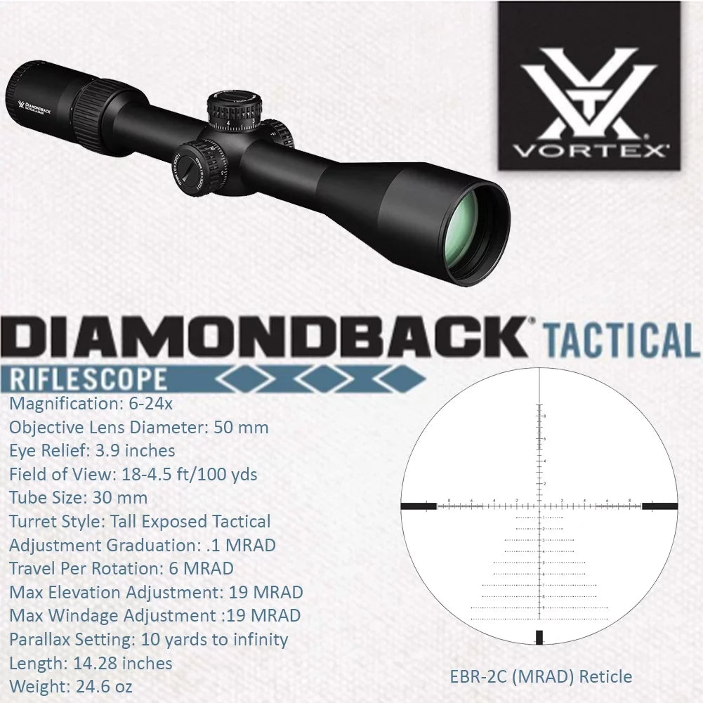 (MRAD) EBR-2C Vortex Hat Rings Vortex Tactical with FFP 30mm) High and 6-24x50 Diamondback Bundle Optics (1.18in, Free Riflescope