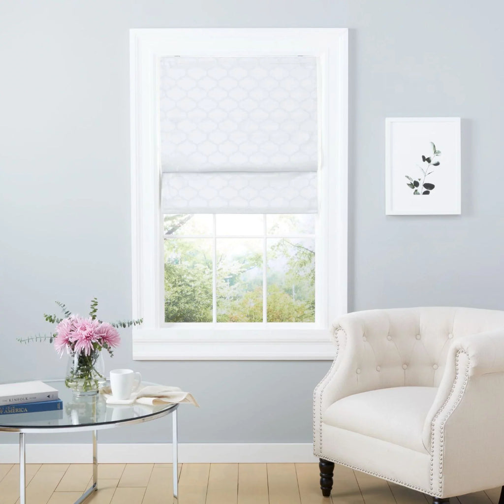 Blackout Exclusive Montague Roman White Home Shade, Total Trellis 31"x64",