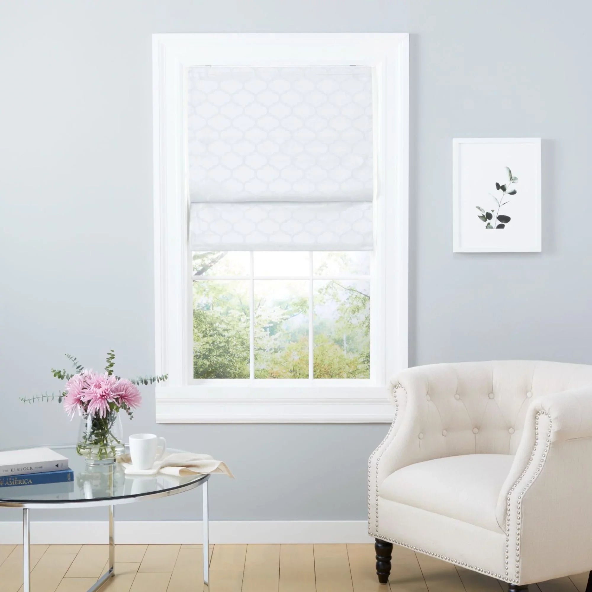 Blackout Exclusive Montague Roman White Home Shade, Total Trellis 31"x64",