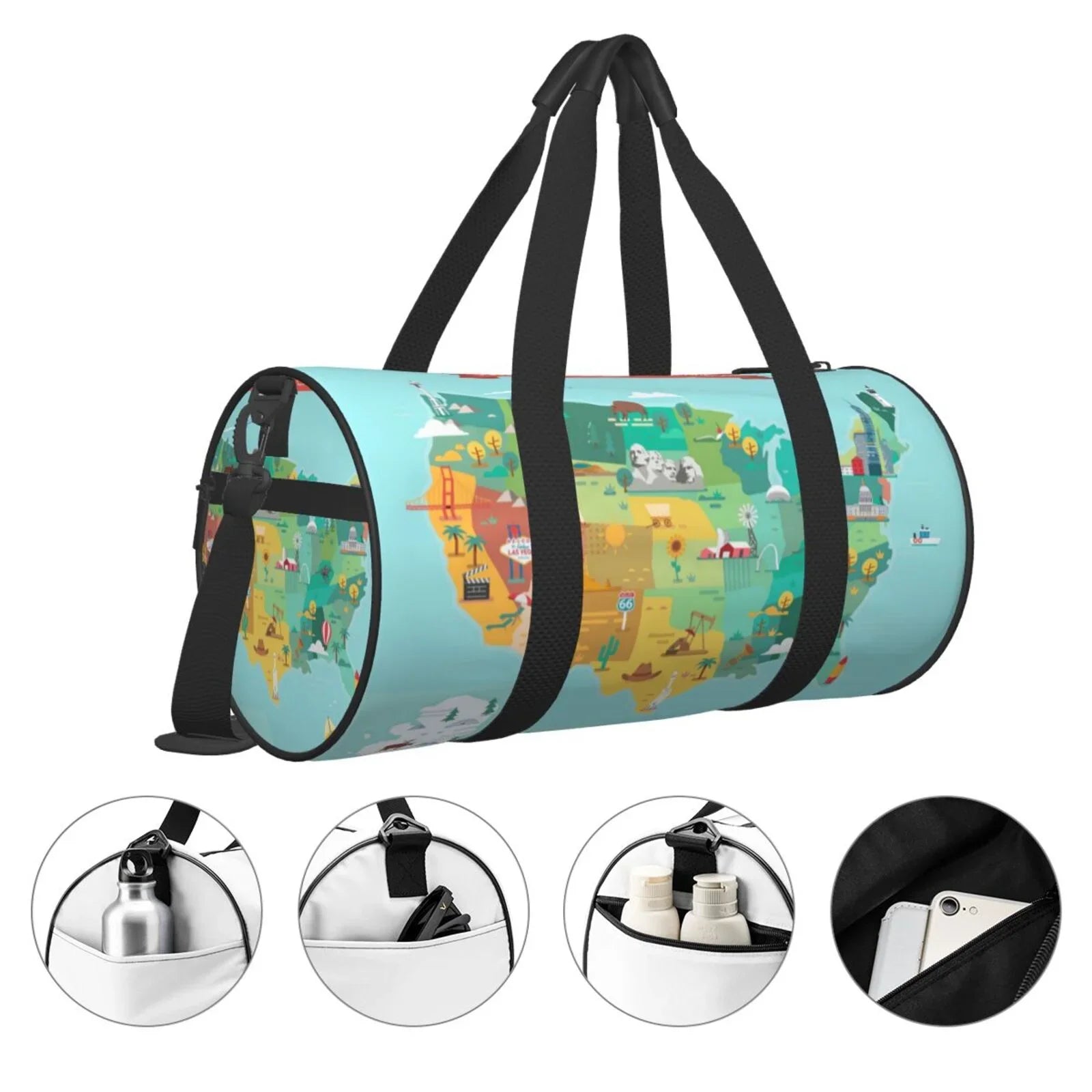USA Pocket Bag and Tourist Coaee Large Compartment Map Travel with Luggage Sports Bag Cylinder Capacity Waterproof Bag Gym