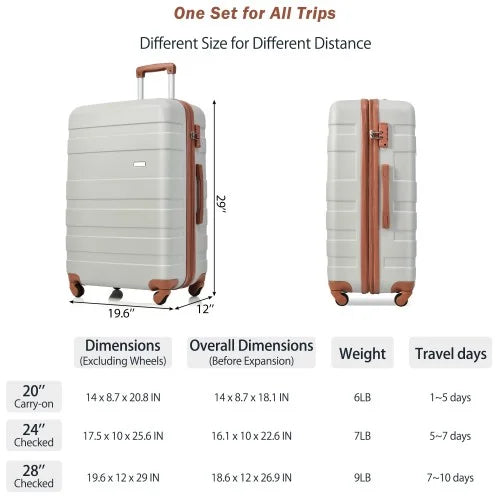Luggage Grey Wheels 3pcs New Sets and Expandable TSA ABS sets Lightweight Spinner Model Brown) Durable Suitcase Clearance Light Hardside Luggage 20''24''28''( Hardshell with Lock Suitcase