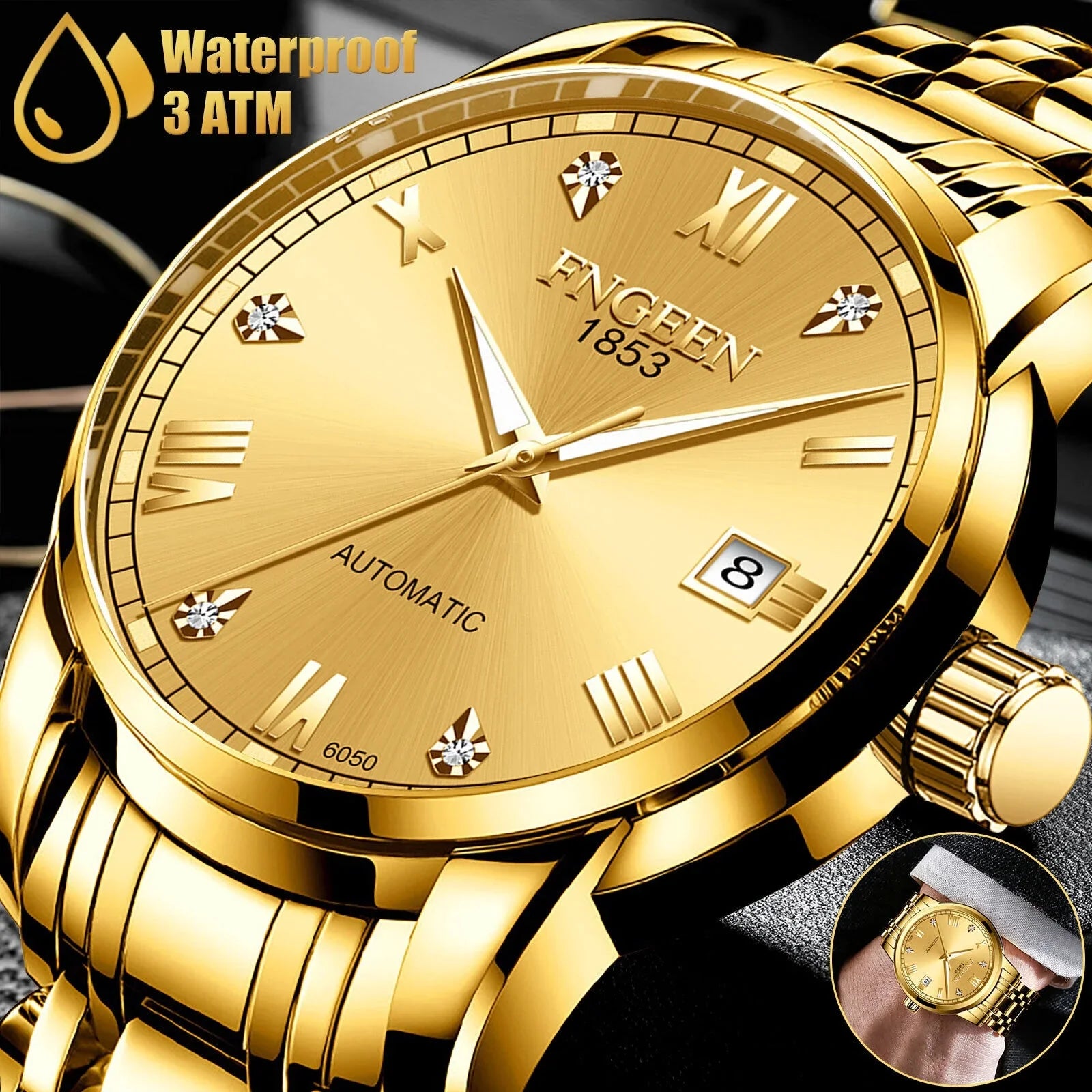 Stainless Tone Automatic Steel Watch Gold Wrist Men Waterproof Mechanical Luxury