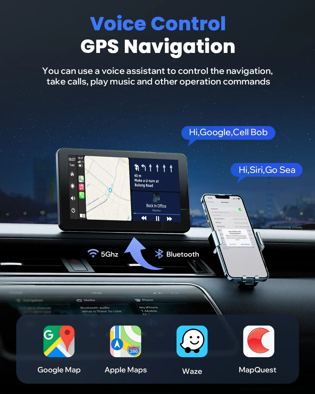 for Auto Car GPS Carplay for 7" Cars, AUX, Screen Bluetooth, Stereo with Car Radio Receiver Airplay, Voice Android Wireless with Control, Navigation HD Portable Vehicles FM, Touch All TOGUARD