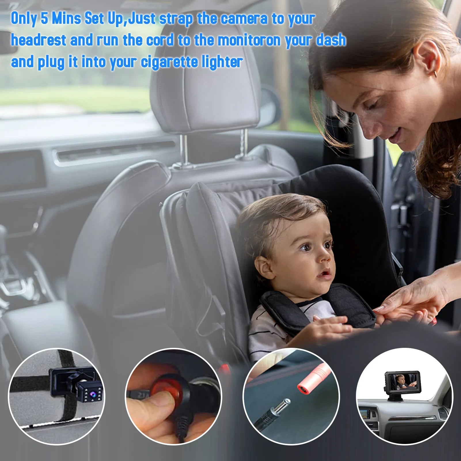 Car 1080P - Night Wide IPS Camera Baby and Pets Adjustable Kids, Angle Vision, 4.3’’ Screen, Infants, with Monitor for View Baby Mirror