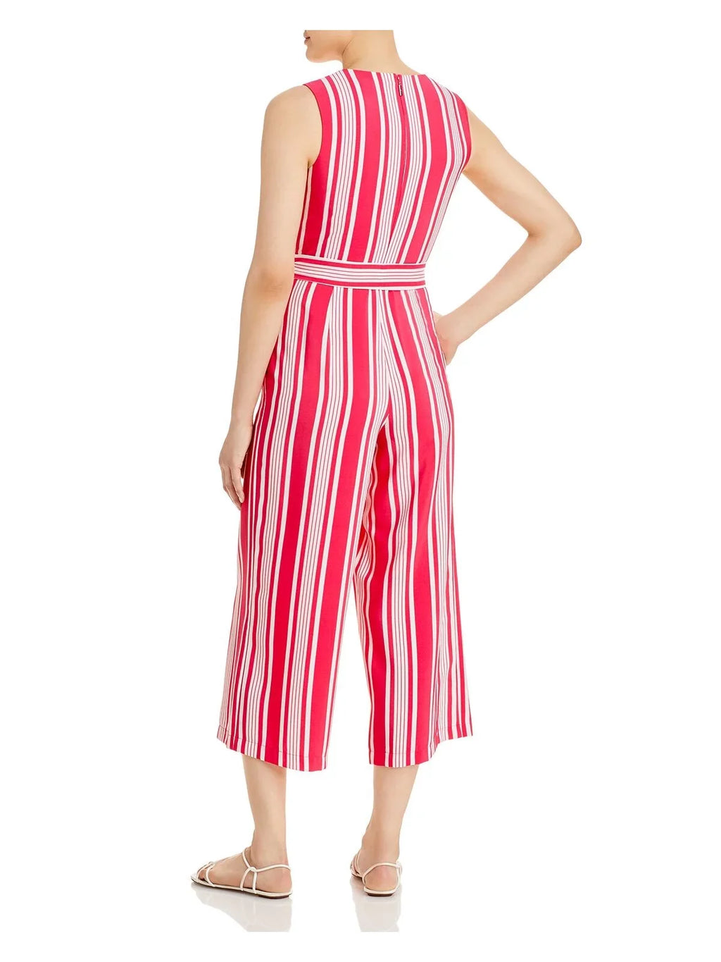 Wear Pocketed To Work Zippered Striped Sleeveless Self Pink Sash Leg KARL Jumpsuit Womens 2 Neckline Wide Tie Surplice LAGERFELD