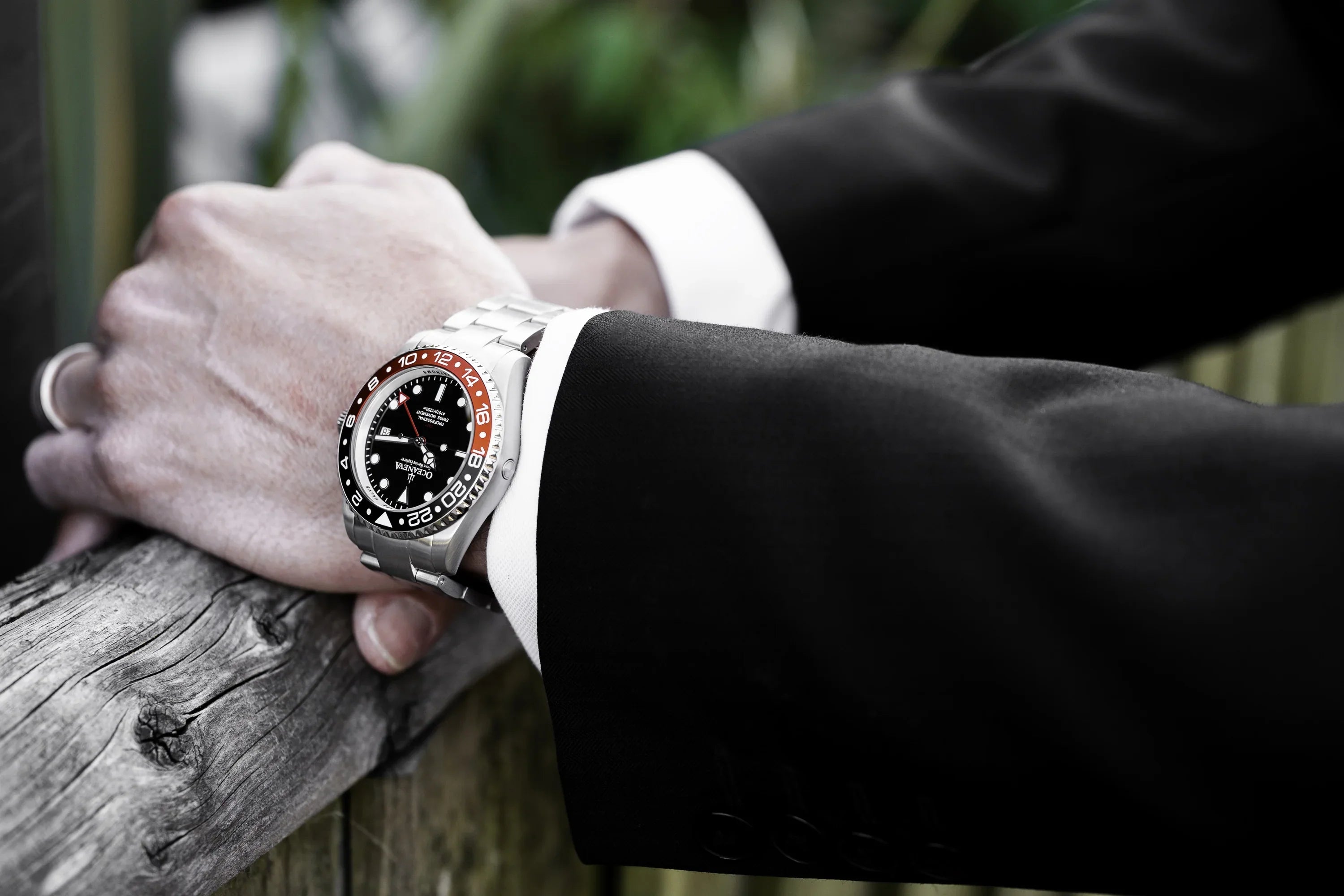 Stainless Diver Black- Men's Oceaneva™ Explorer Marine Steel Bracelet Red and Quartz, Pro 1250M Swiss Movement Watch GMT Deep