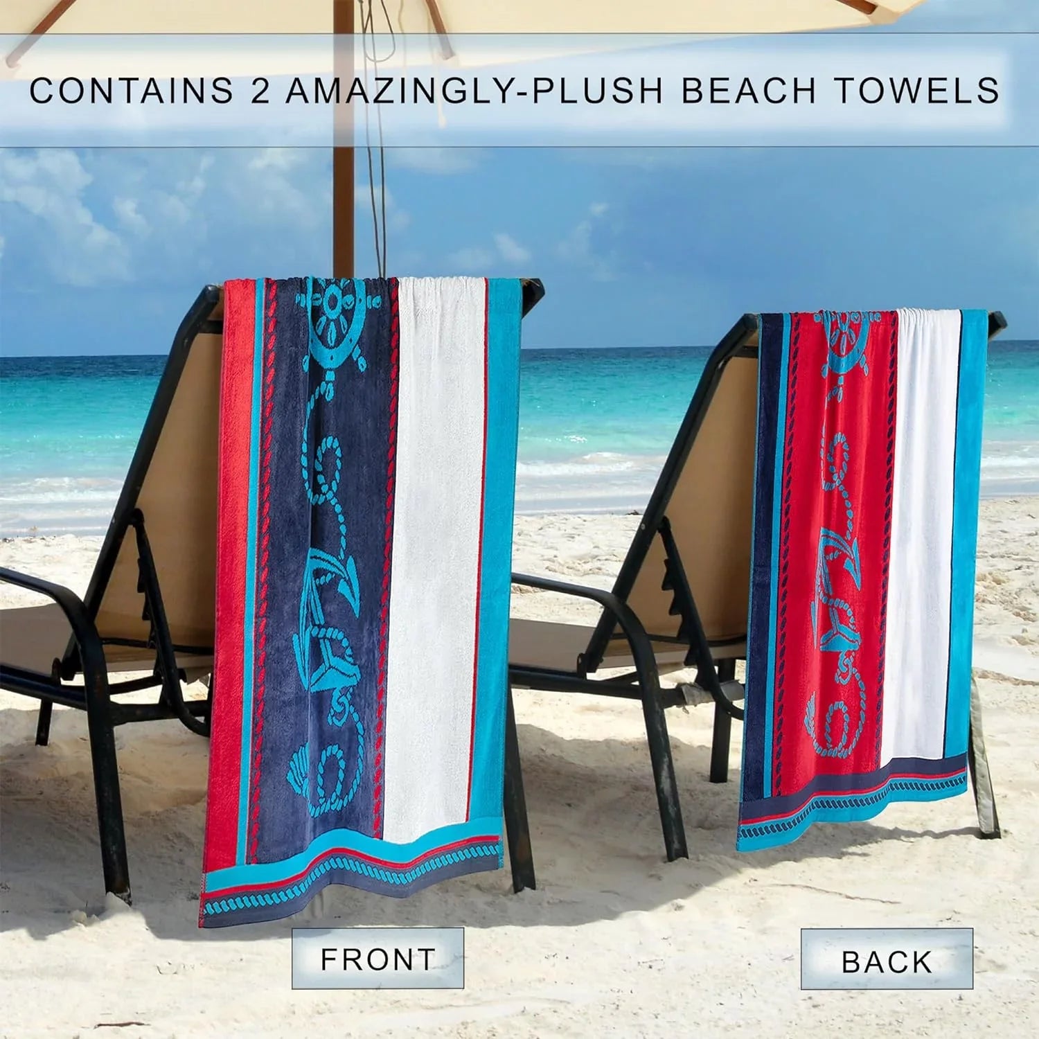 Collection, Vacation, Piece Cotton 64", Absorbent, Pool, For Quick Striped Kids, X 34" Adults, Towel Dry, Shower, Swimming, Set Camping, Blue/Red/White, Travel, Sailing 2 Beach Bathroom,
