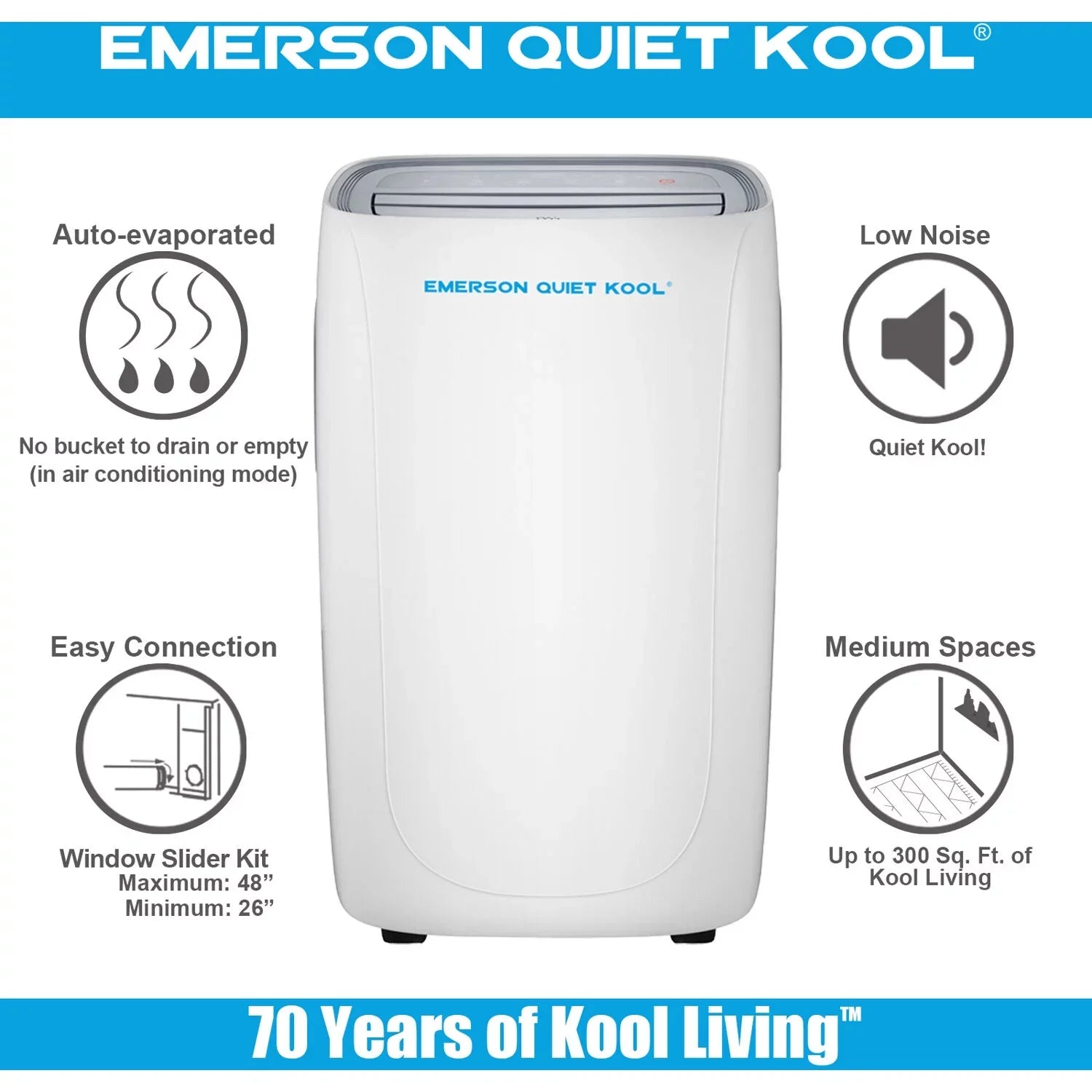 and SMART up Quiet Remote, Wi-Fi, Portable with Voice Emerson Kool for Control Conditioner Air Ft. to Rooms 300-Sq.
