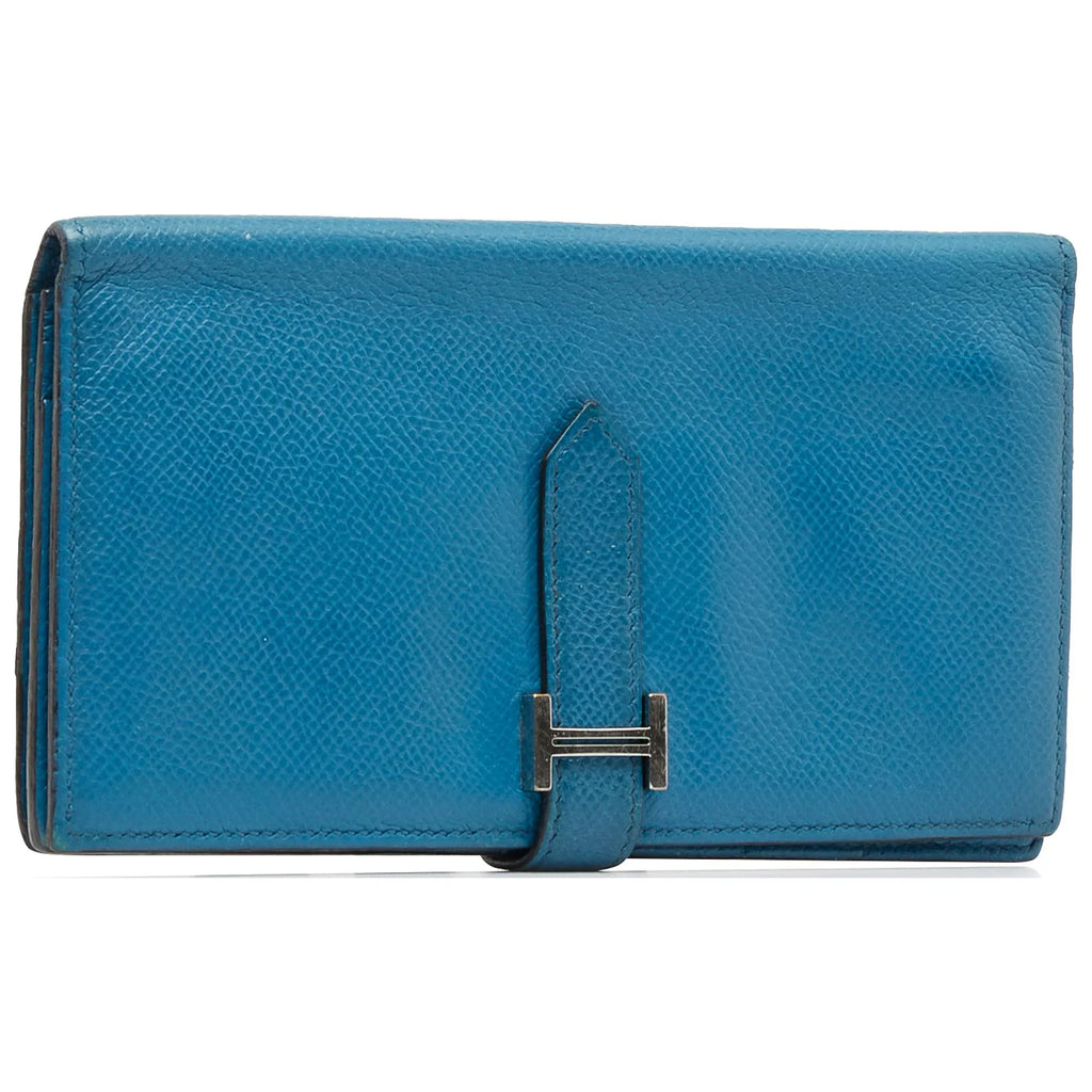 Unisex Hermès Wallets Epsom Calf Blue Authenticated Bearn Leather Long Wallet (Fair) Pre-Owned