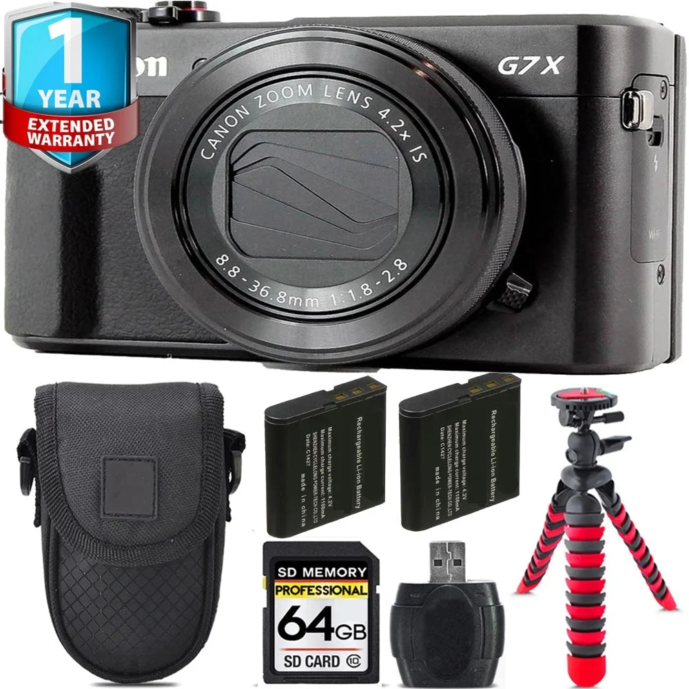 1 Kit X Mark Yr Extra PowerShot Warranty + -64GB Camera Battery +Tripod II Canon + G7