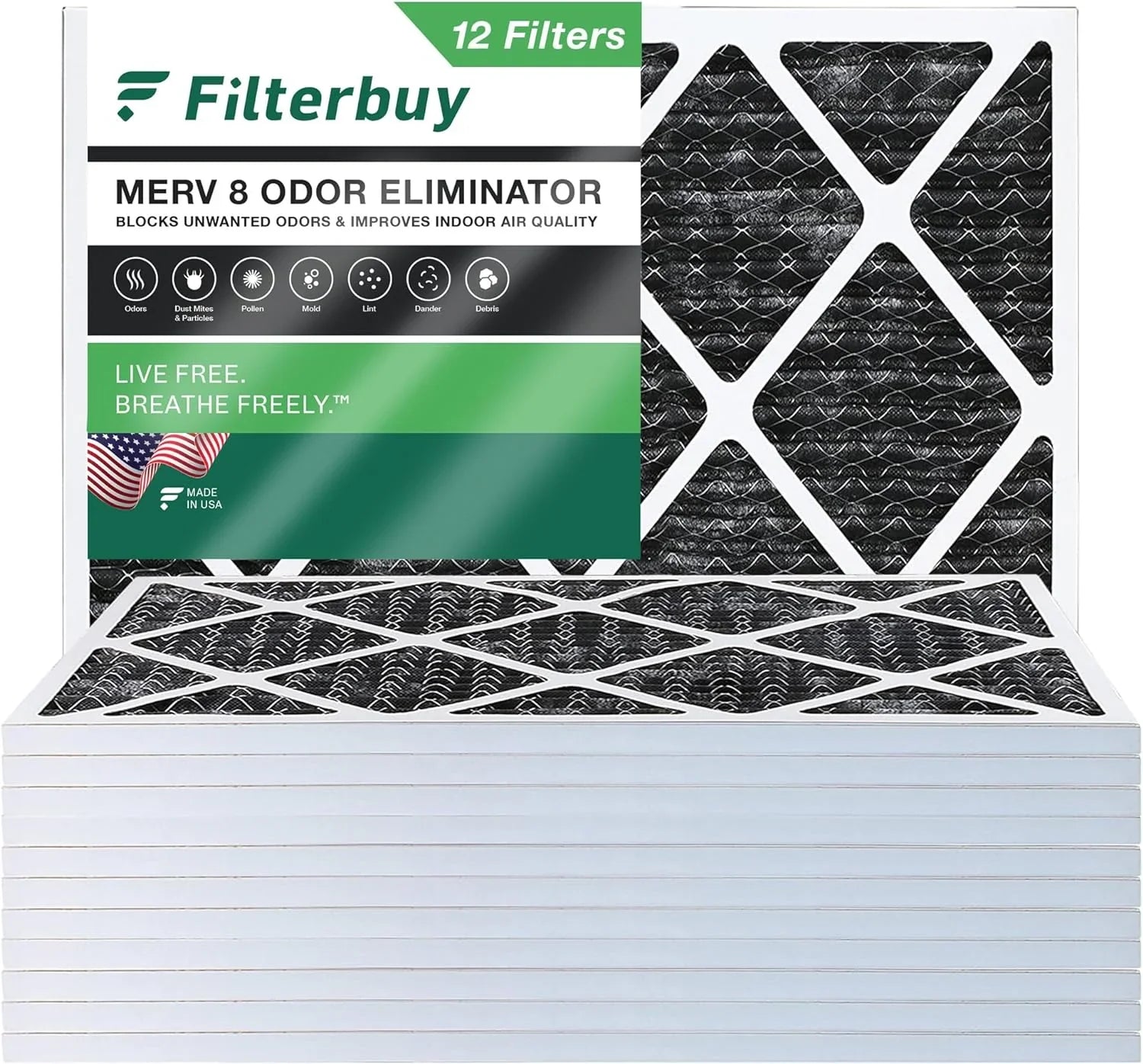 (12-Pack) MERV Activated Filterbuy AC Pleated with Filters Eliminator Odor 8 20x24x1 Air HVAC Furnace Carbon