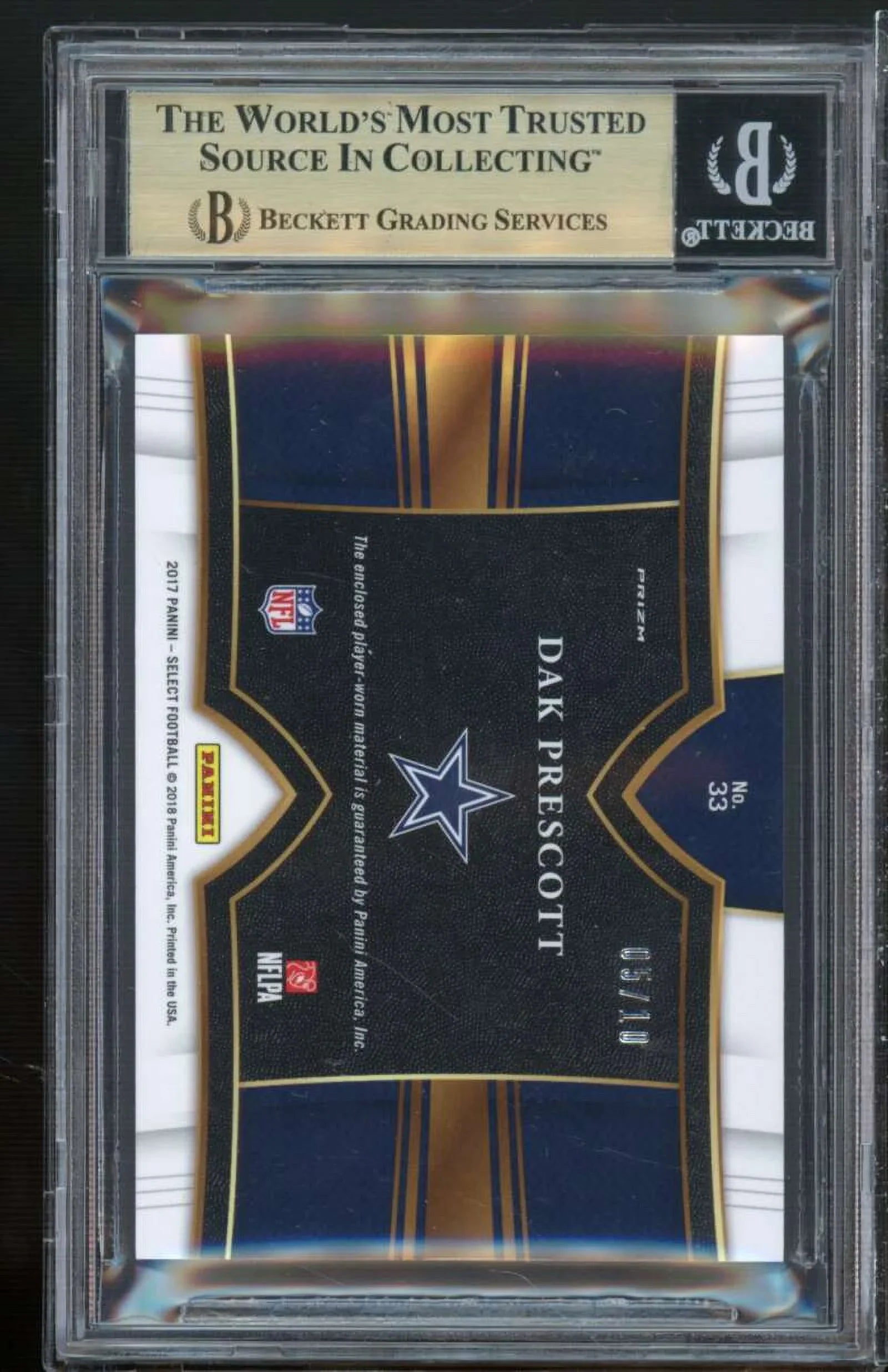 Dak Swatches #33 9.5 2017 Gold (pop (5/10) Prescott Select 1) Panini BGS Prizms