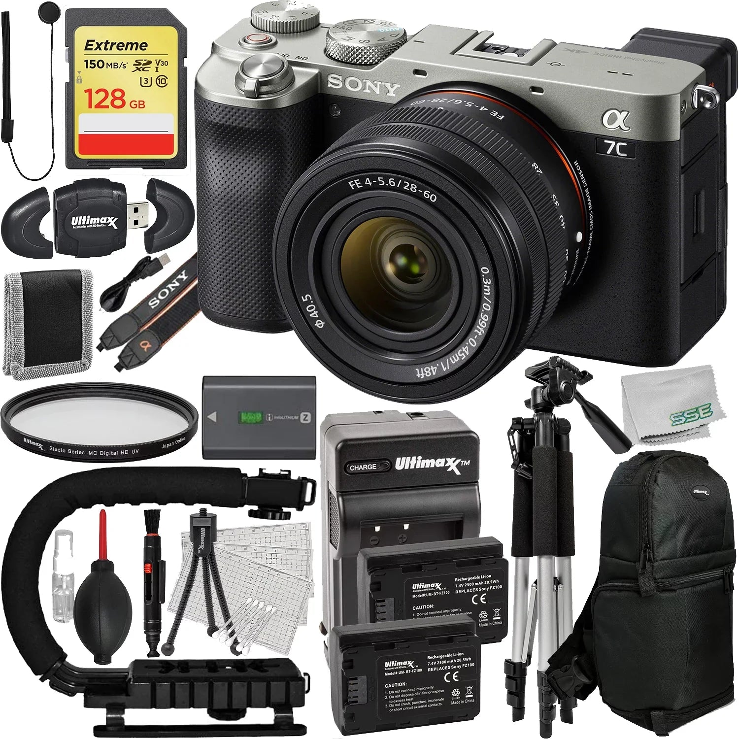 Extreme 2x More Digital Batteries, (26pc 57” with Much 128GB + & (Silver) Lens Bundle) Replacement Tripod Camera Alpha Mirrorless SDXC, 28-60mm Lightweight a7C
