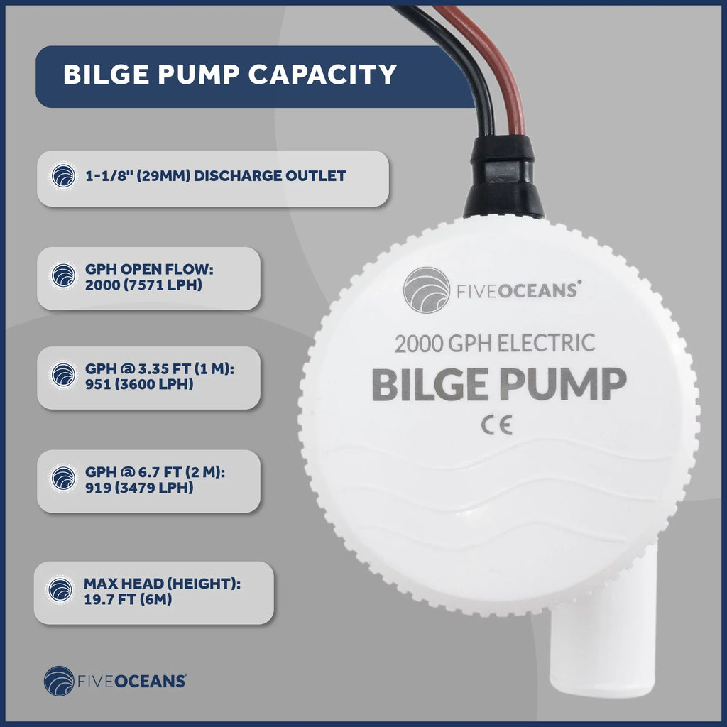 Pump Bilge with Heavy-Duty LPH 1-1/8-Inch 2000 / Diameter Five GPH - Inside Kit, Automatic Oceans Float FO3616-C2 Switch (29mm) 12-Volts, Hose, 7571