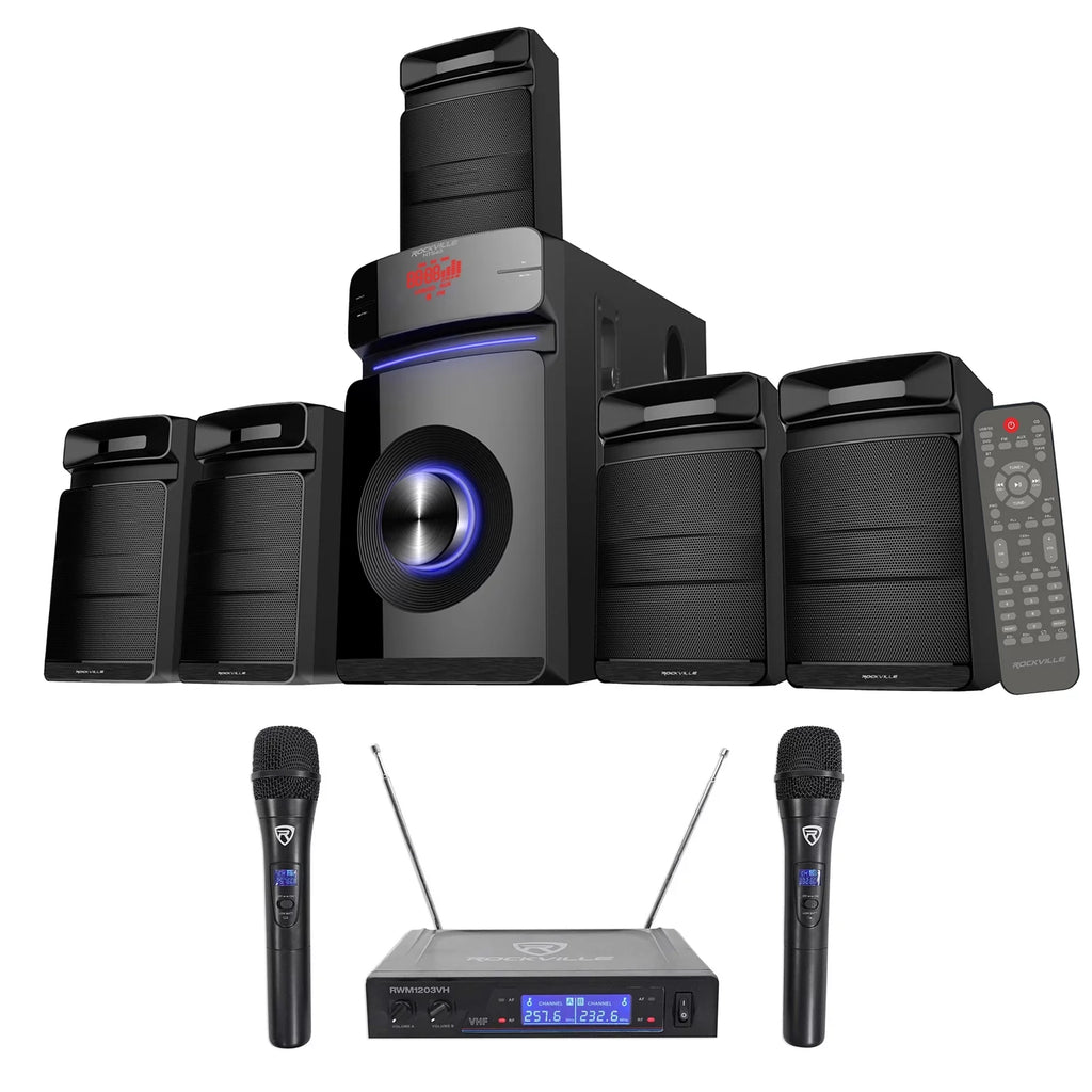 Mics Home System Wireless Sub+(2) Theater/Karaoke w/5.25" VHF Rockville Machine