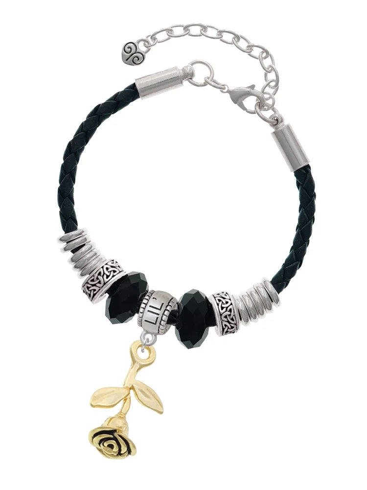 Delight Leather Goldtone Jewelry Extender 7"+2" Rose Knot Stemmed Big Bracelet, Bead Sister Celtic