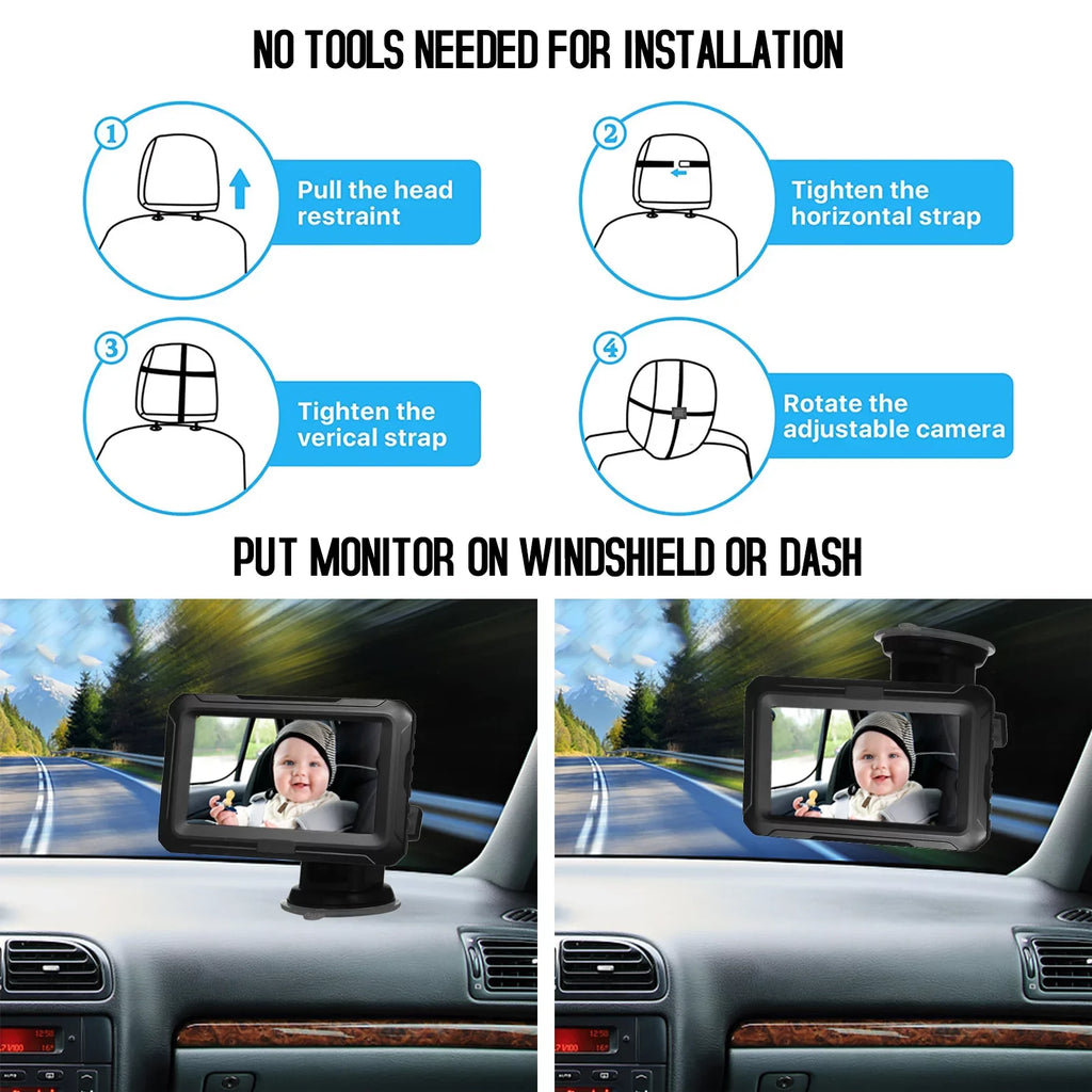 Car 1080P - Night Wide IPS Camera Baby and Pets Adjustable Kids, Angle Vision, 4.3’’ Screen, Infants, with Monitor for View Baby Mirror